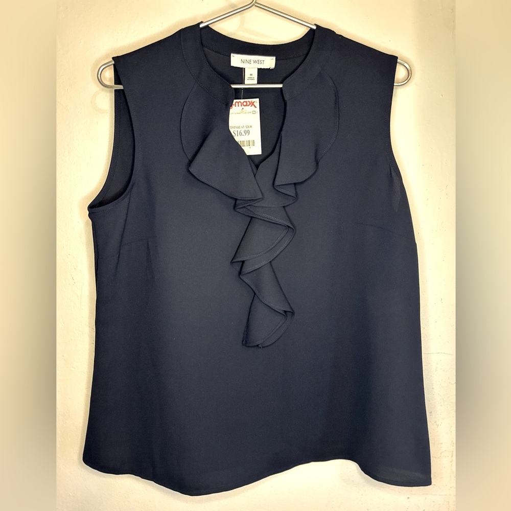 NEW Nine West Sleeveless Round Neck Notched Ruffle Front NAVY BLUE